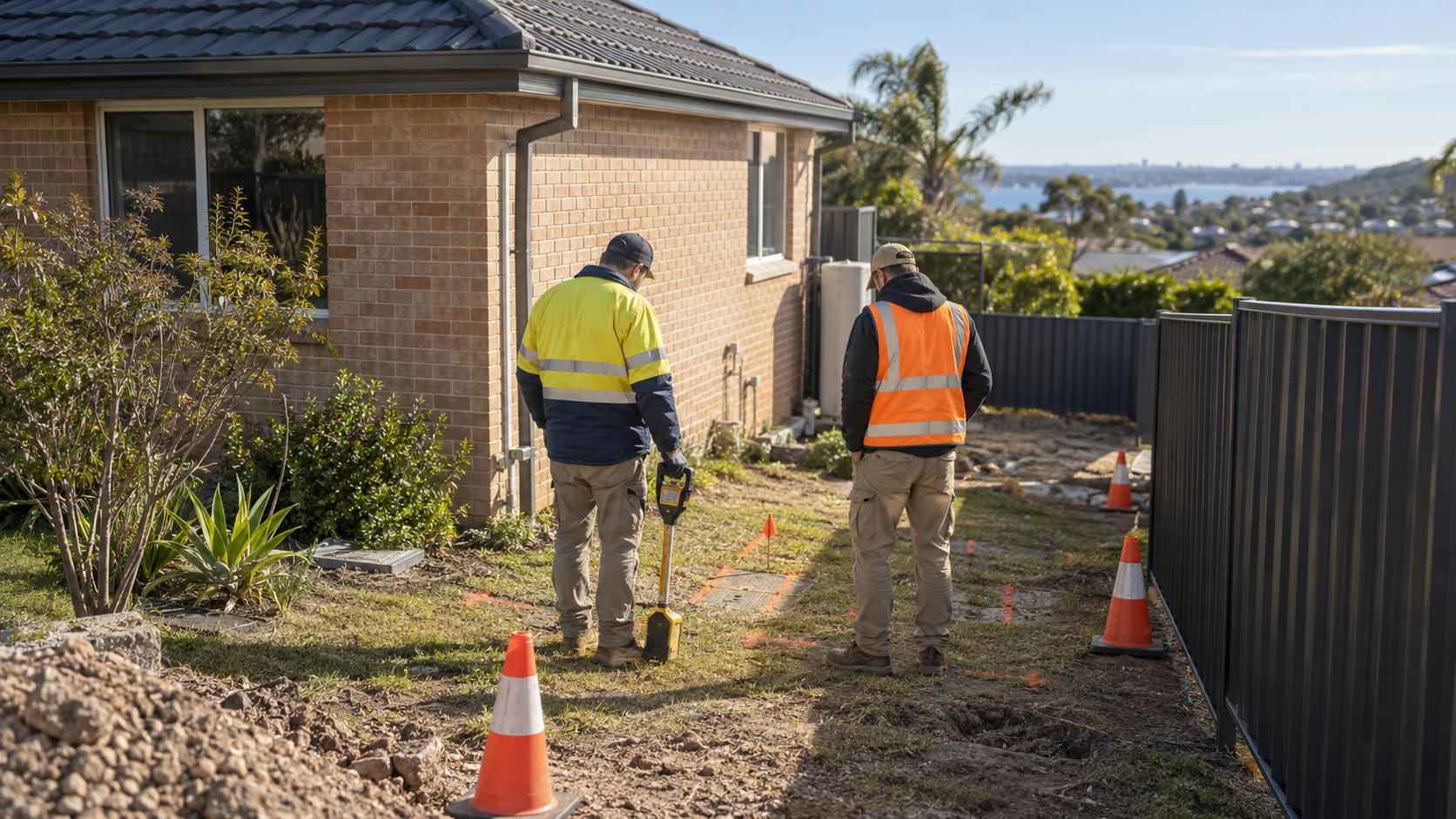 Illustrative Australian suburban site with contractors checking marked underground services before digging