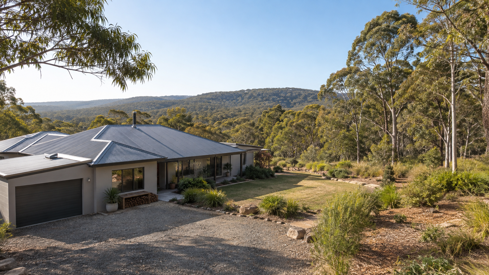 Illustrative Australian home near bushland with a clear driveway and open space