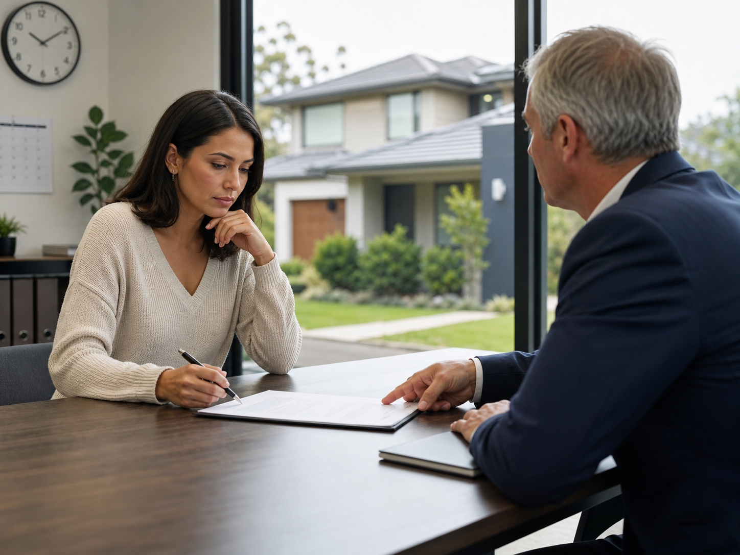 Property investor signing a contract with a pen near a house model
