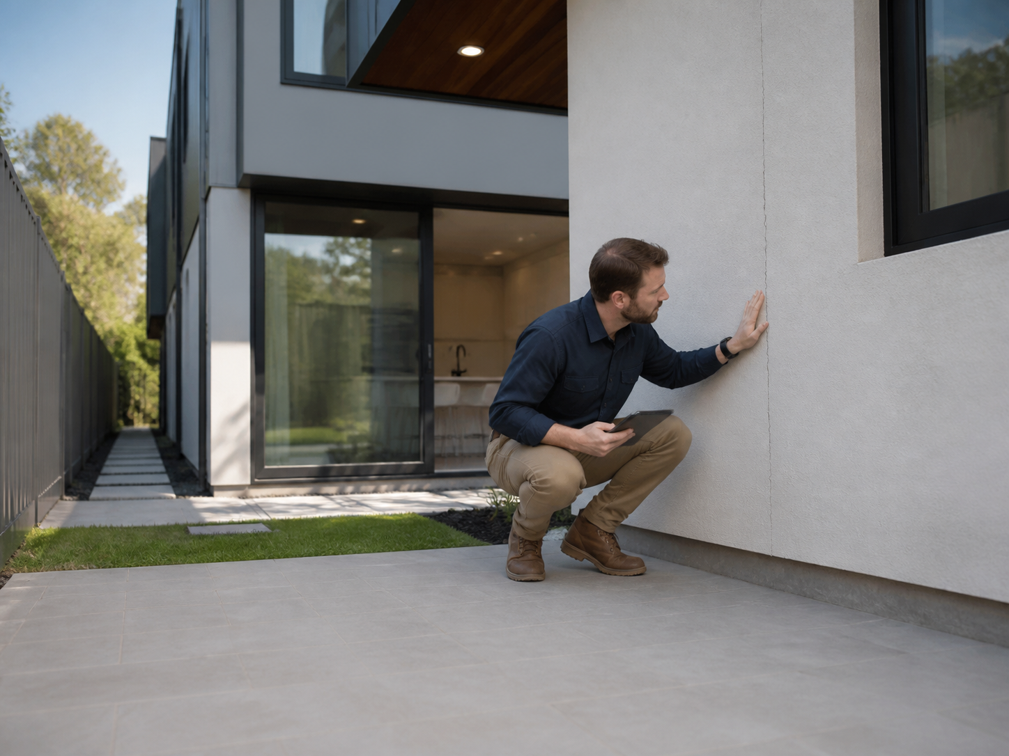 Building inspector checking for defects on a newly completed Australian home
