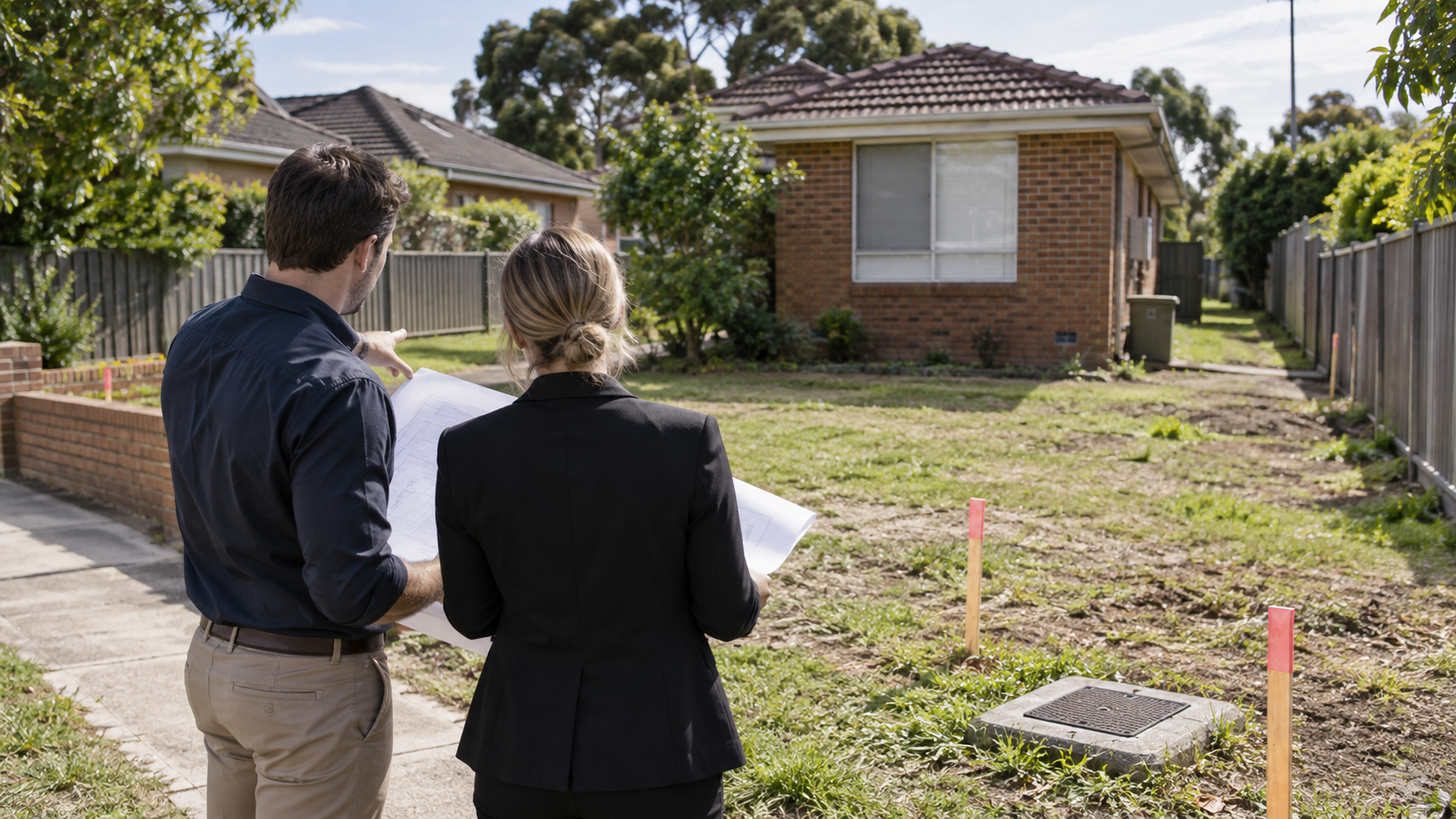 Illustrative Australian residential development site with professionals reviewing plans and site conditions