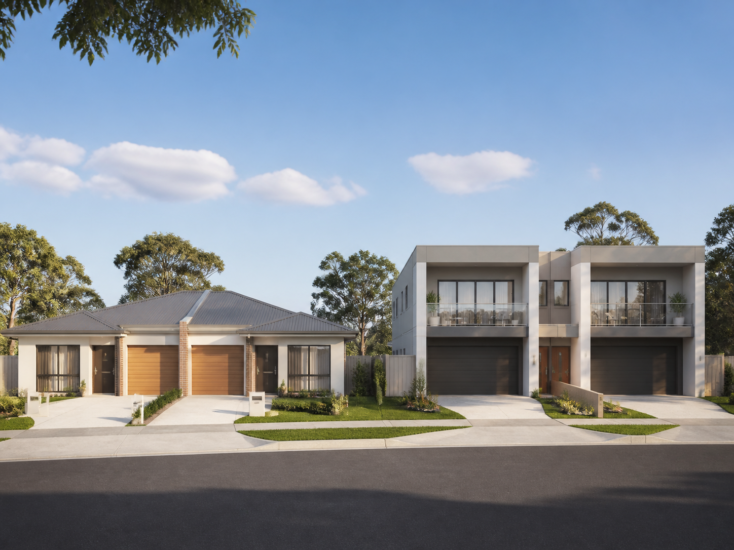 Side-by-side duplex development on a suburban Australian street