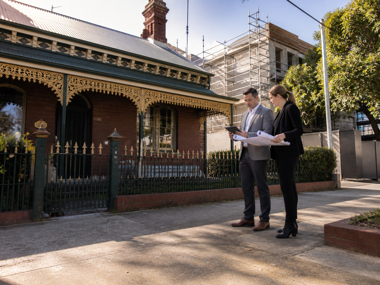 Heritage-listed Australian building facade next to a vacant development site