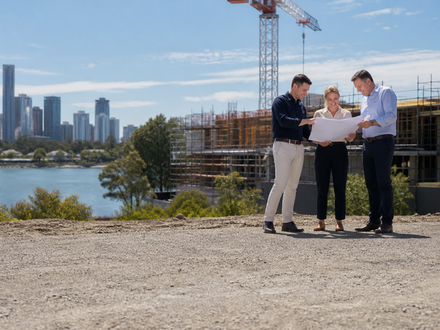 Two Australian property partners reviewing a joint venture agreement and feasibility numbers