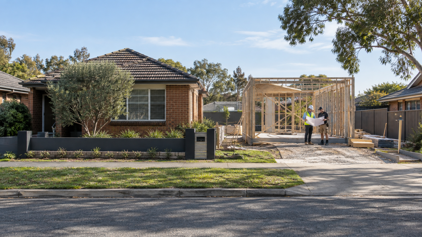 Illustrative Australian infill construction site with an existing home and new timber framing