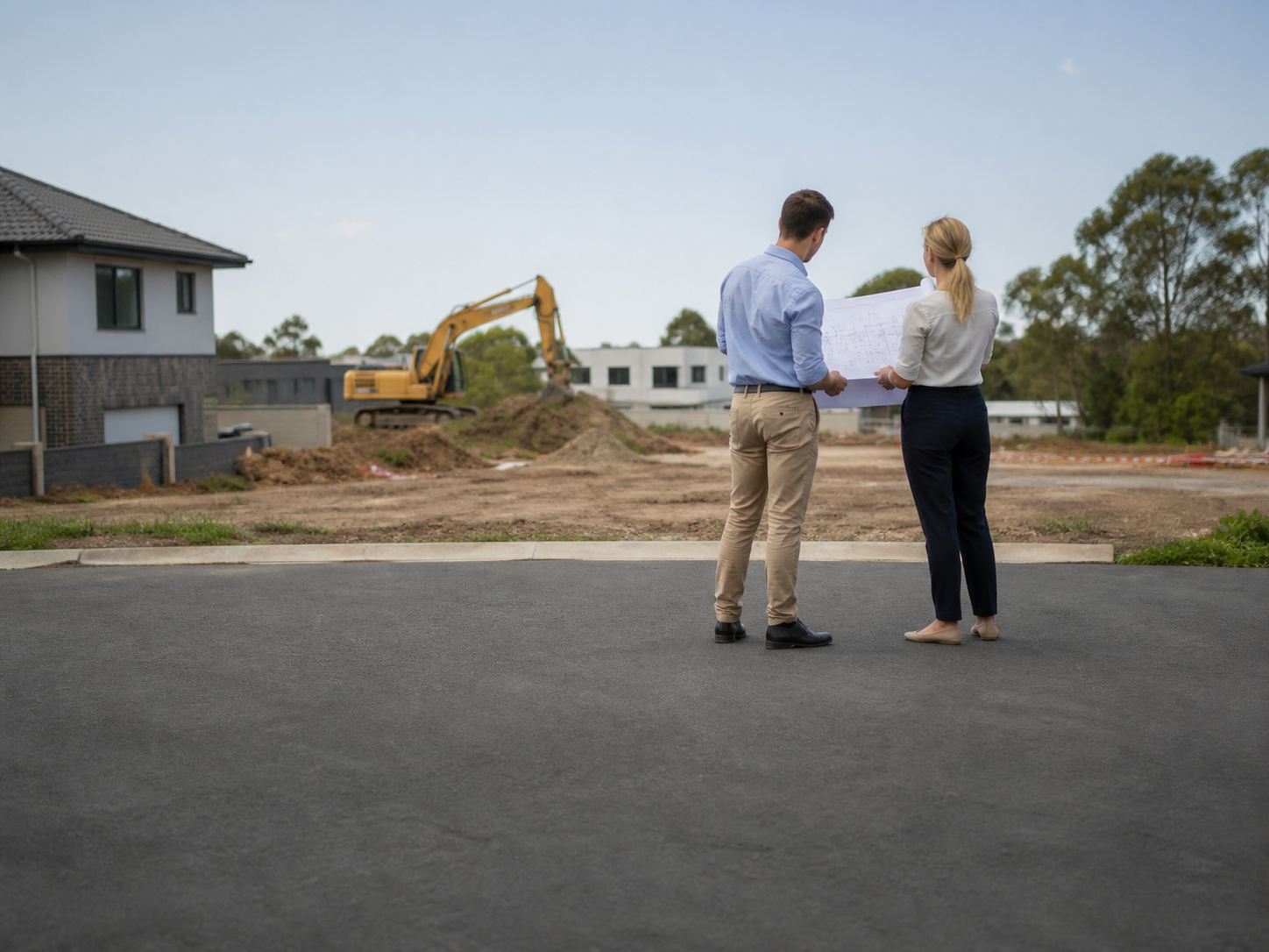 Australian property finance papers, calculator and feasibility spreadsheet with a planning map in the background