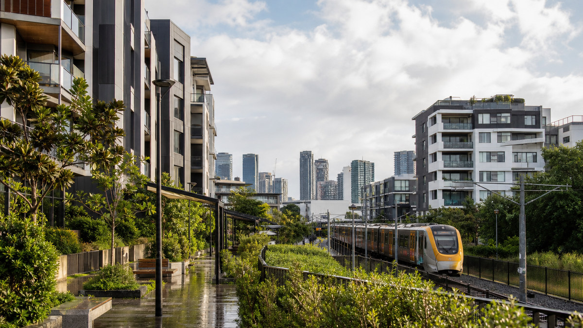 Conceptual rail-connected medium-density housing precinct in south-east Queensland
