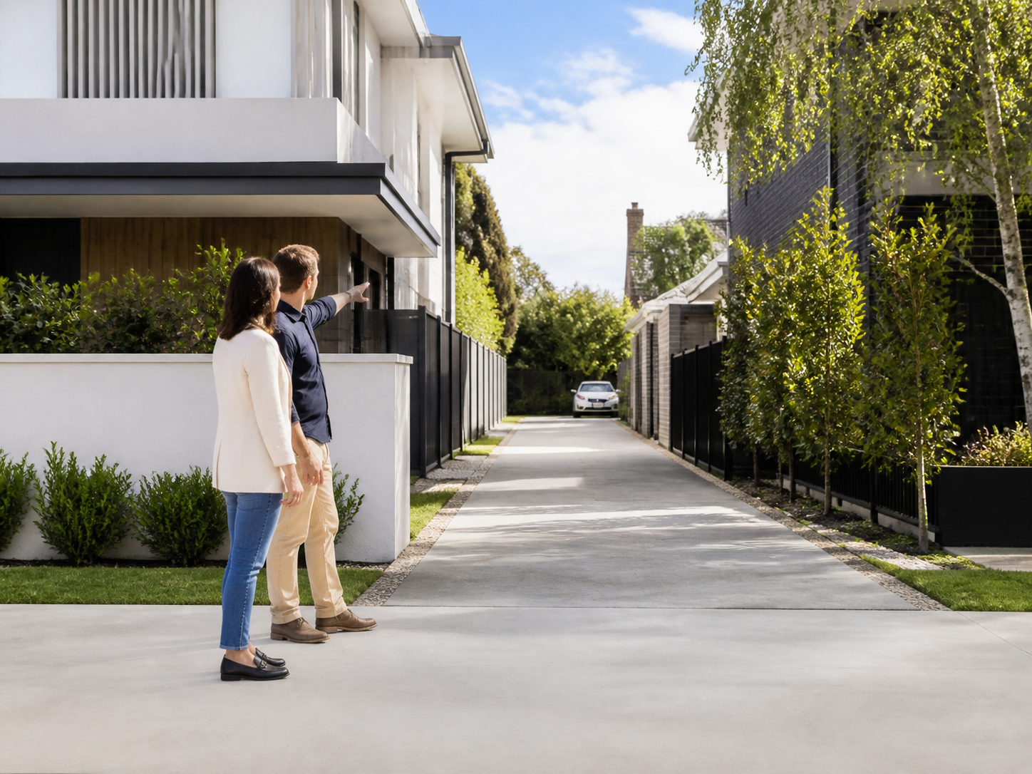 Shared concrete driveway running between two adjoining Australian homes