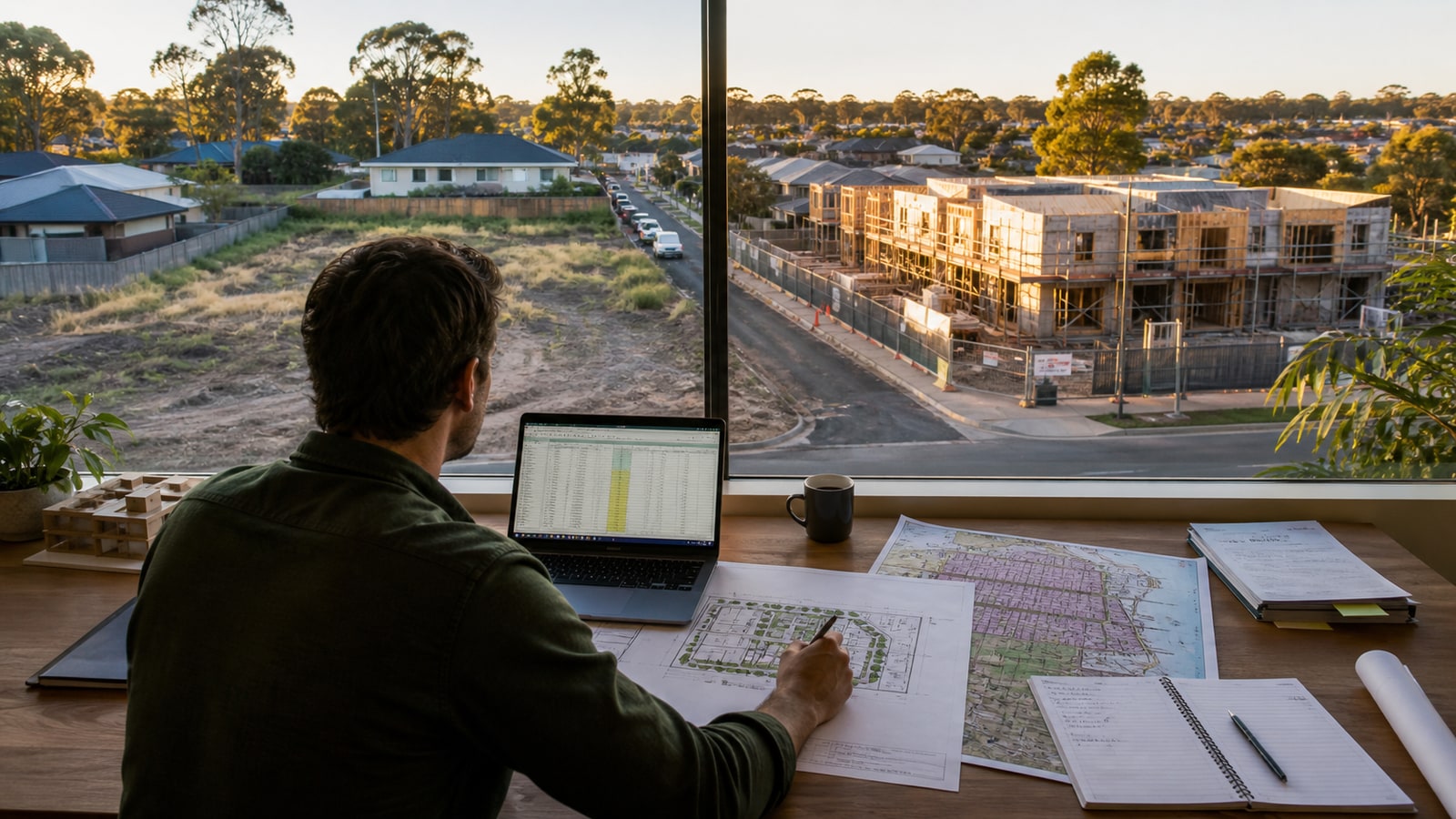Australian property developer reviewing a feasibility between vacant land and townhouses under construction
