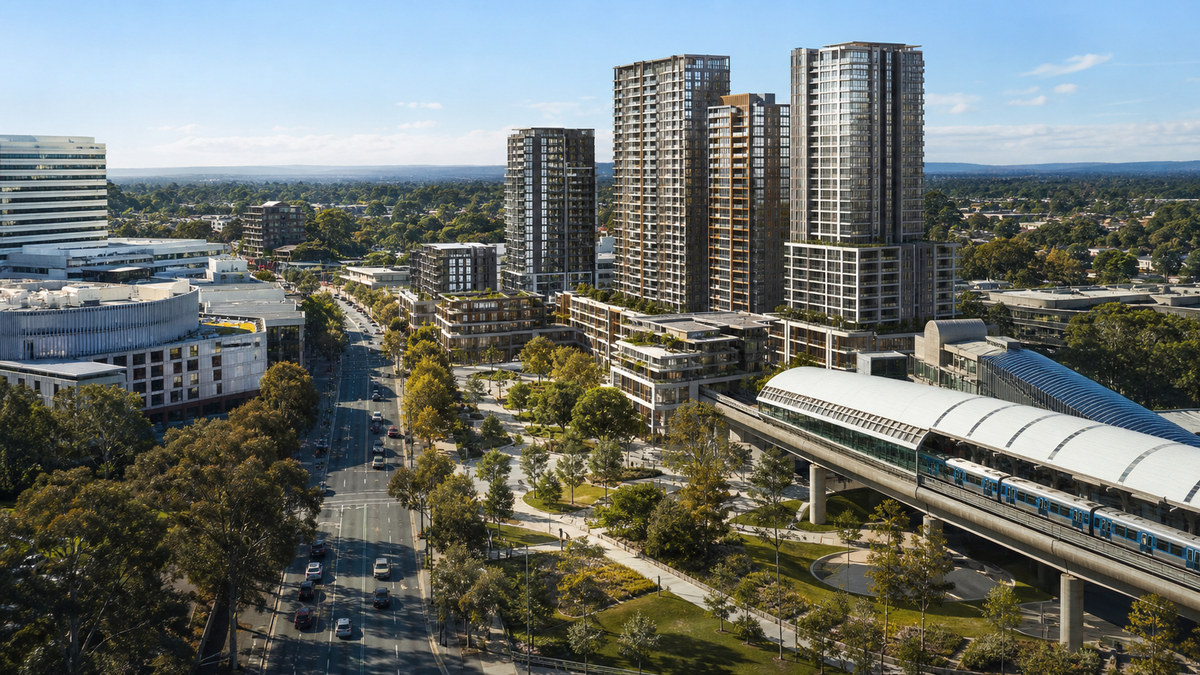 Conceptual transit-oriented apartment precinct in Westmead with rail, parks and hospitals